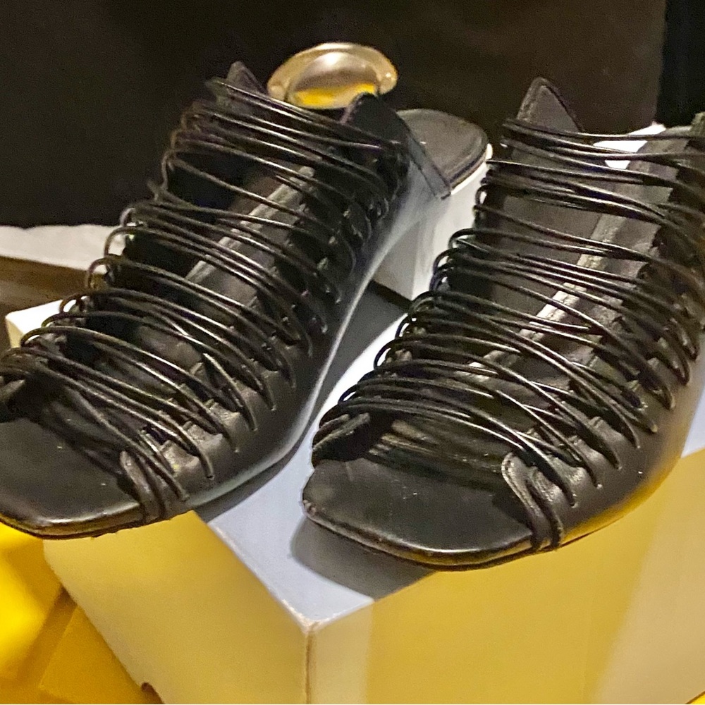 Kelsi Dagger Black Strappy Block Heel Mules